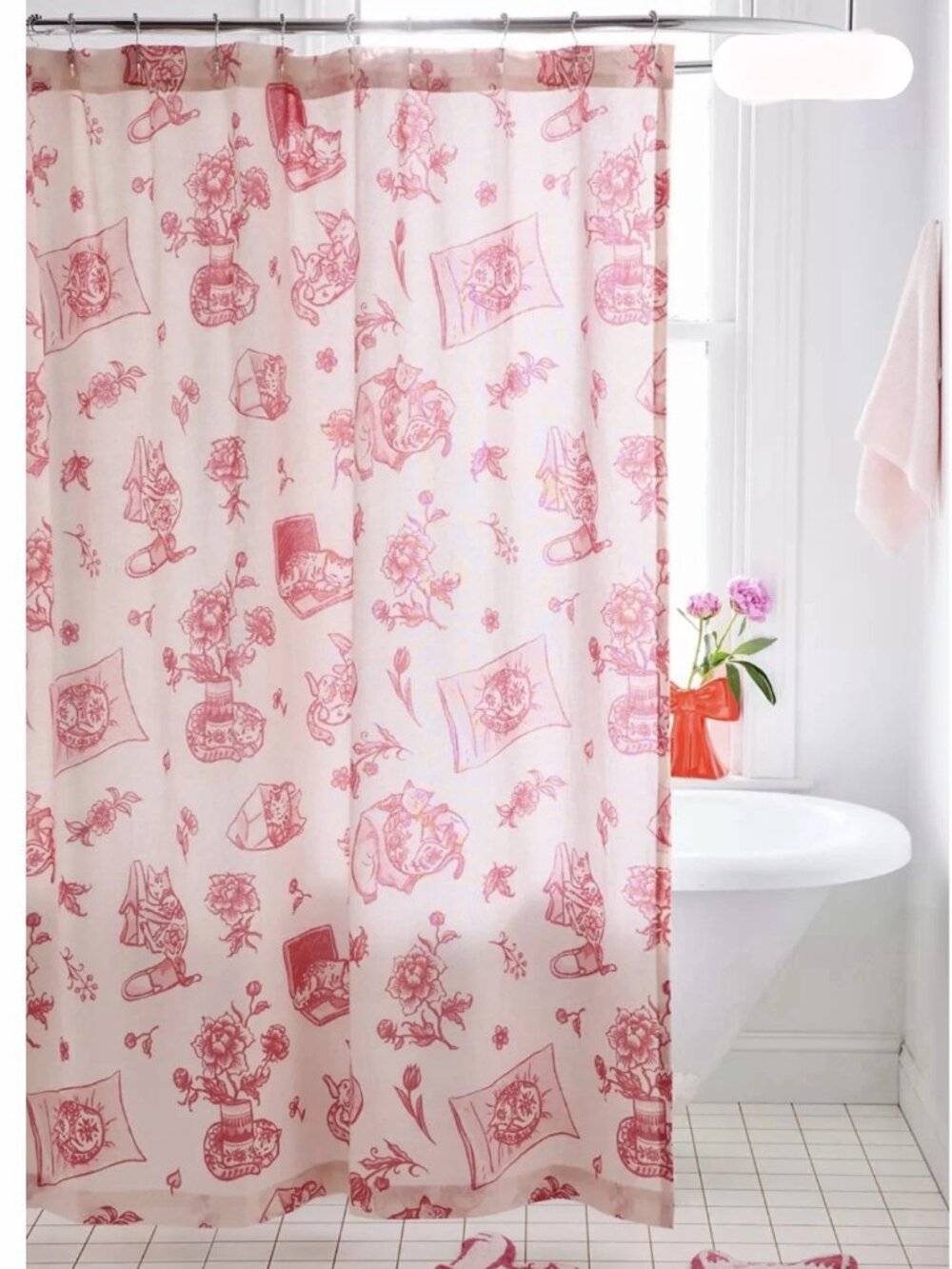 NEW Delft Pink Cat Allover Print Shower Curtain 72x72